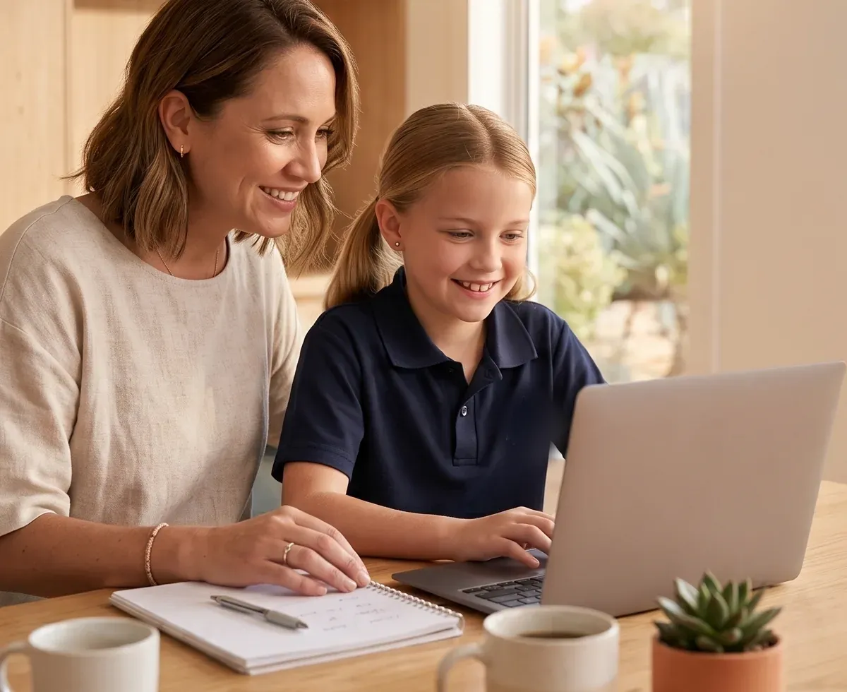 Parent and child working through practice questions on a laptop together